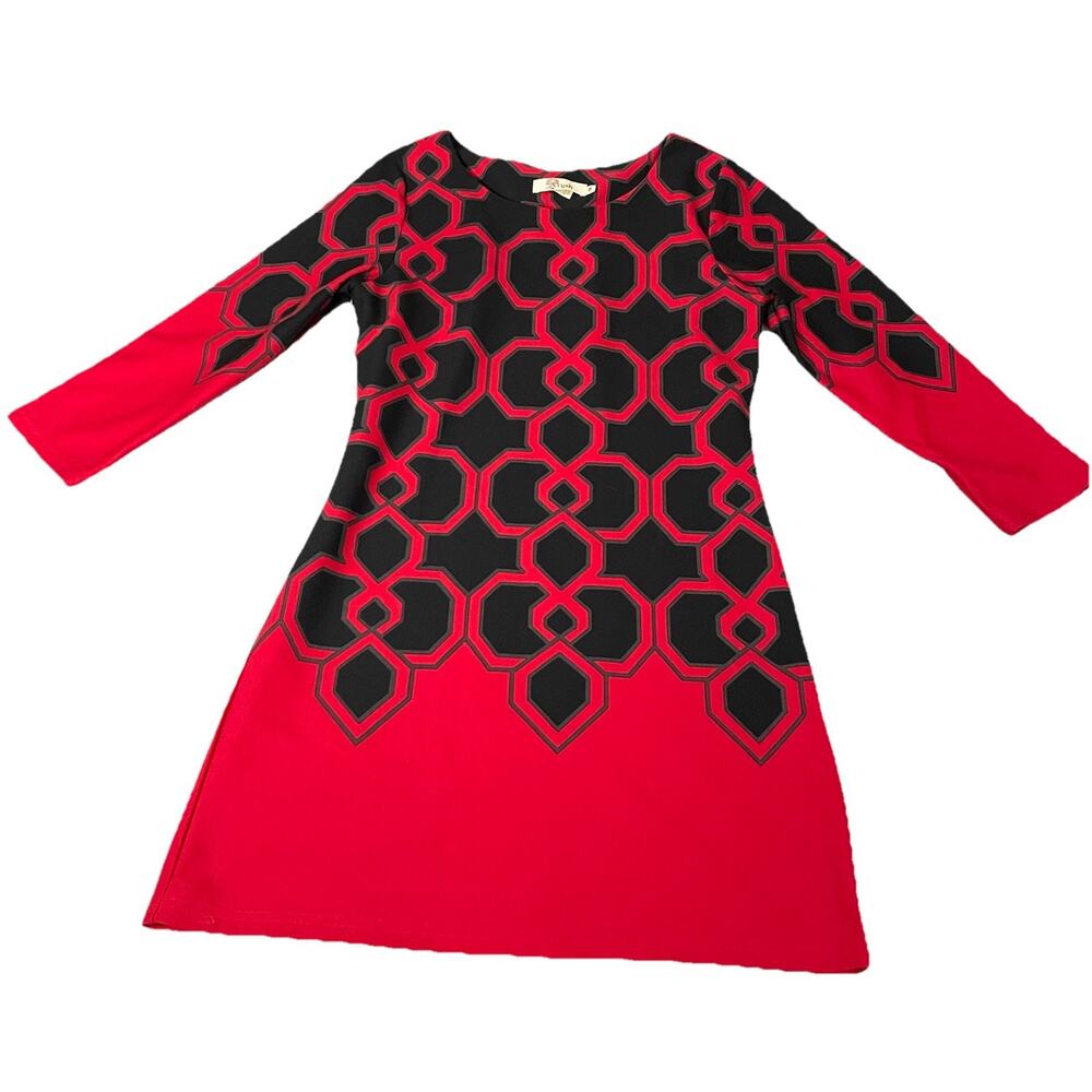 ARYEH Geometric Black & Red Pattern Dress 3/4 Sleeve Sz Medium Women’s